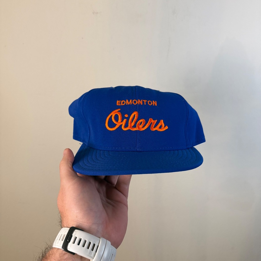 Vintage AJD Edmonton Oilers Snapback Hat Blue Orange Script Made in‎ USA NHL Cap